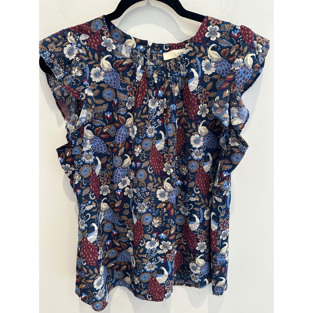 LOFT Navy Blue Peacock Floral Flutter lightweight Sleeve Blouse Top Medium